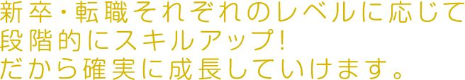 新卒・転職それぞれのレベルに応じて段階的にスキルアップ！だから確実に成長していけます。